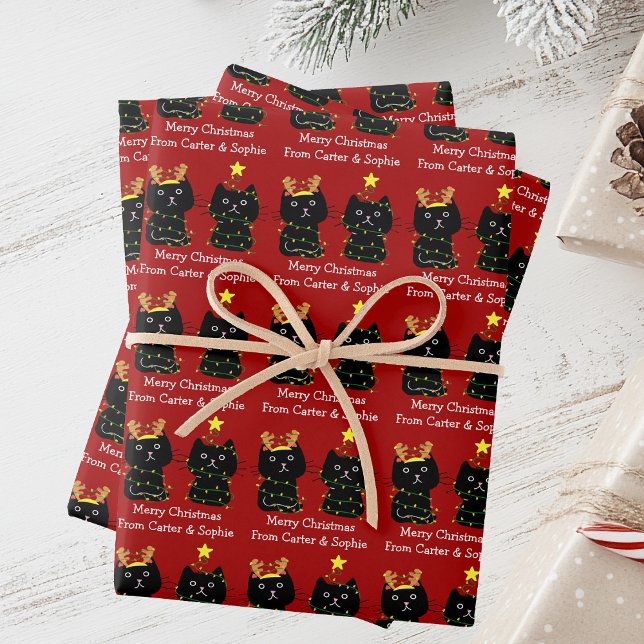 Cute Two Cat Merry Christmas Lights Red Custom Wrapping Paper Sheets (Creator Uploaded)