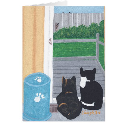 Cute Two Cats Bird Watching Birds Cards (Front)
