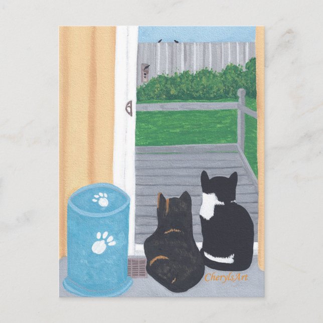 Cute Two Cats Bird Watching Deck Postcards (Front)