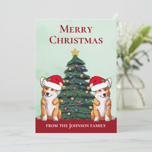 Cute Two Corgis in Santa Hats Christmas Custom Holiday Card