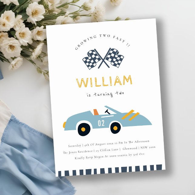 Cute Two Fast Race Car Blue 2nd Birthday Invite (Creator Uploaded)