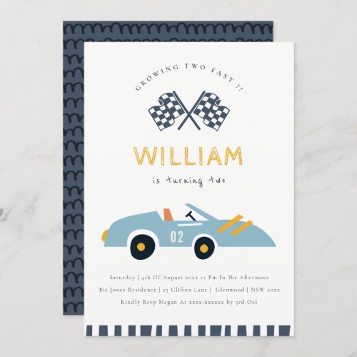Cute Two Fast Race Car Blue 2nd Birthday Invite