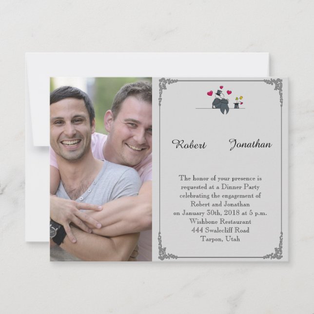 Cute Two Grooms Cartoon Gay Wedding Engagement Invitation (Front)