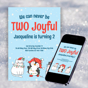 Cute Two Joyful Christmas Cat Penguin 2nd Birthday Invitation