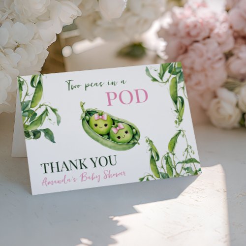 Cute Two Peas in A Pod Girl Pink Twins Baby Shower Thank You Card