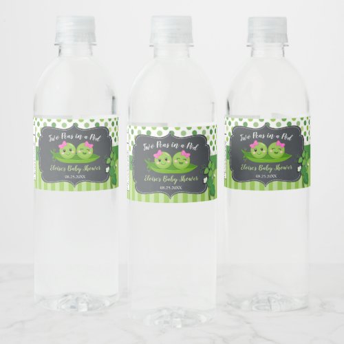 Cute Two Peas in a Pod Girls Twins Baby Shower Water Bottle Label