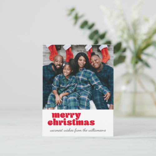 Cute Two Photo Merry Christmas Red Custom Text  Holiday Card