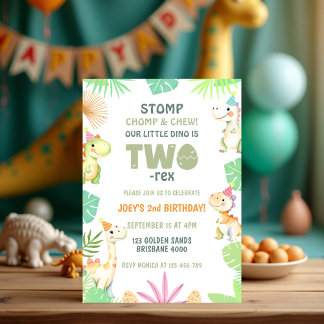 Cute Two Rex Dinosaur 2nd Birthday Party for Kids  Invitation