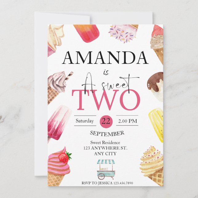 Cute Two Sweet 2nd Birthday Summer Ice Pops Invitation (Front)
