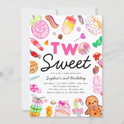 Cute TWO SWEET Candy Land Kids Candyland Birthday Invitation