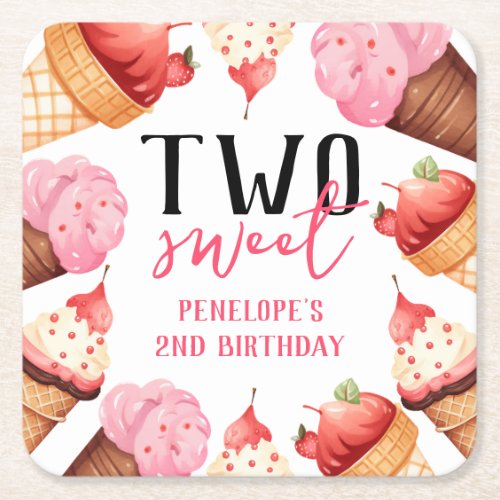 Cute Two Sweet Girly 2nd Birthday Party Square Paper Coaster