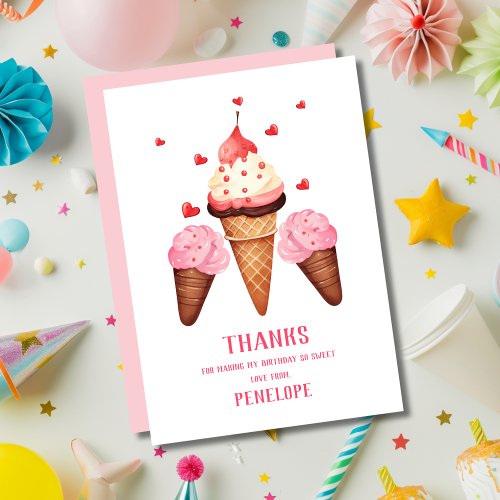 Cute Two Sweet Ice Cream Birthday Party  Thank You Card