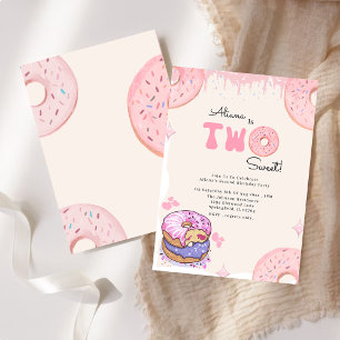 Cute Two Sweet Pink Donut Girl 2nd Birthday Invitation