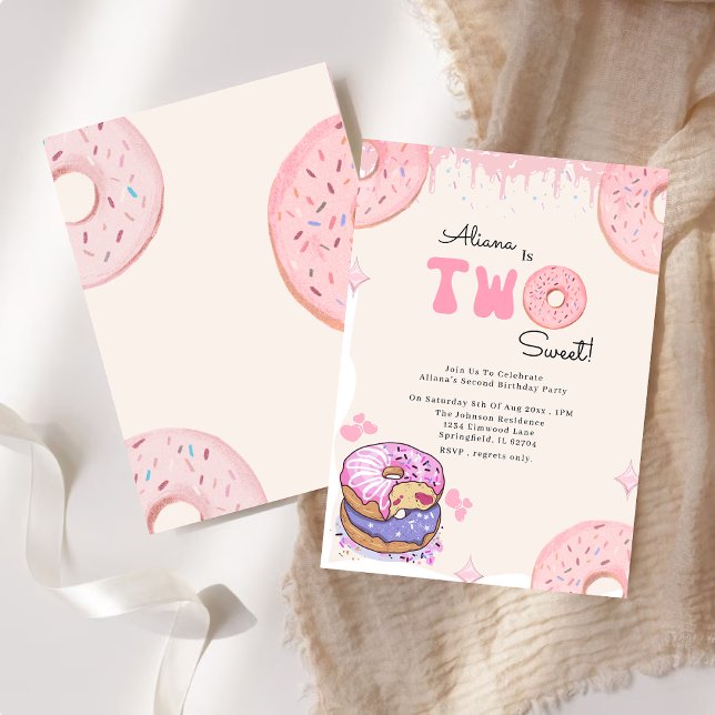 Cute Two Sweet Pink Donut Girl 2nd Birthday  Invitation (Creator Uploaded)