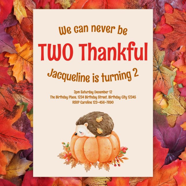 Cute Two Thankful Fall Thanksgiving 2nd Birthday Invitation (Creator Uploaded)