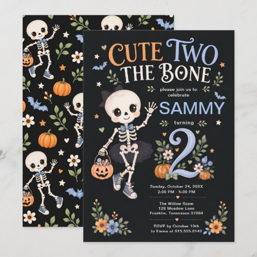 Cute Two the Bone Boy 2nd Birthday Skeleton Invitation