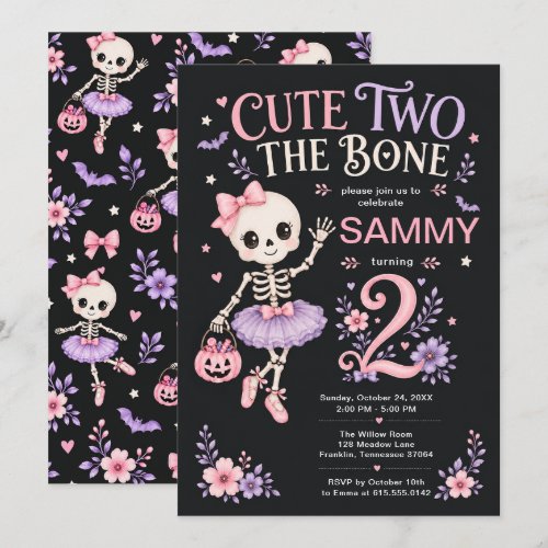 Cute Two the Bone Girl 2nd Birthday Skeleton Invitation