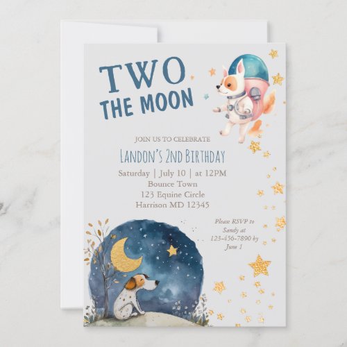 Cute Two the Moon Dog Boys Second Birthday Invitation