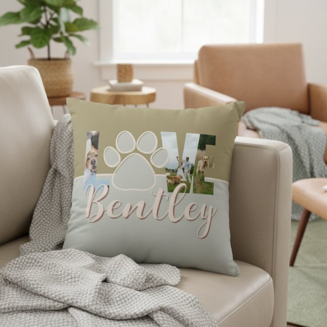 Cute Two Tone Dog Photo Love Paw Print Throw Pillow (Create a cute keepsake of your best friend with this Cute Two Tone Dog Photo Love Paw Print Pillow!)