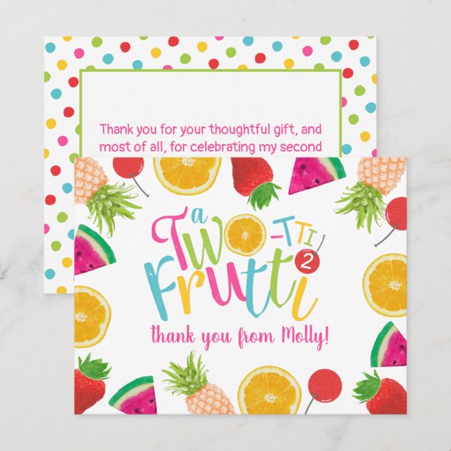 Cute TWO-tti Frutti Fruits 2nd Birthday Thank You Card (Front/Back)