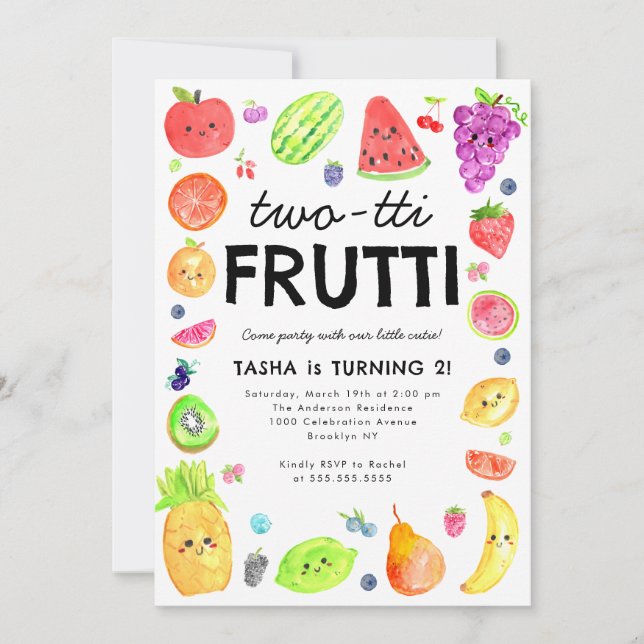 Cute TWO-tti Frutti Summer Fruit 2nd Birthday Invitation (Front)