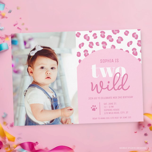 Cute Two Wild Girl 2nd Birthday Invitation (The front of the invitation is shown at a 5x7-inch size. Choose size, paper, + corner style.)