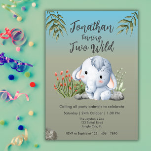 Cute Two Wild Safari Elephant Kids 2nd Birthday Invitation