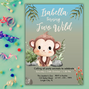 Cute Two Wild Safari Monkey Kids 2nd Birthday  Invitation