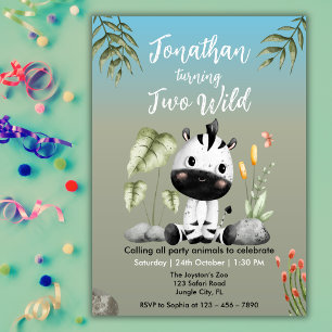 Cute Two Wild Safari Zebra Kids 2nd Birthday  Invitation