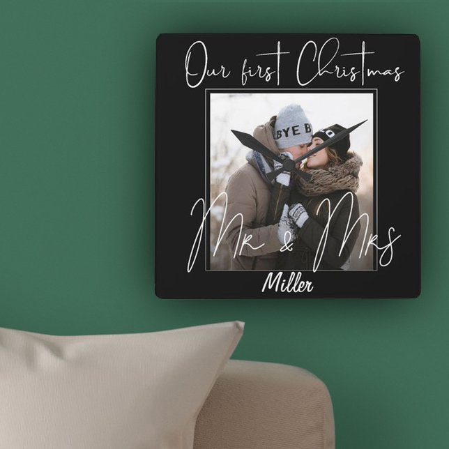 Cute Typography First Christmas As Mr Mrs Photo Square Wall Clock (Creator Uploaded)