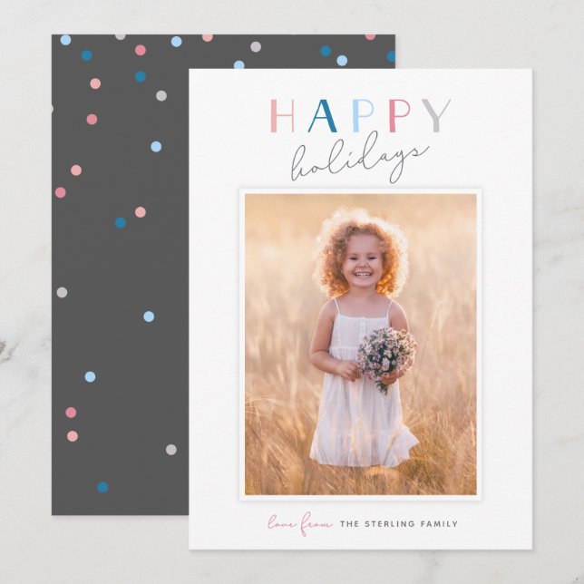 Cute Typography "Happy Holidays" Portrait Photo Holiday Card (Front/Back)