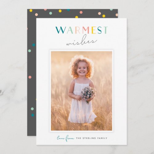 Cute Typography Warmest Wishes Rainbow Photo Holiday Card