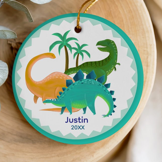 Cute tyrannosaurus dinosaur holiday keepsake ceramic ornament (Creator Uploaded)