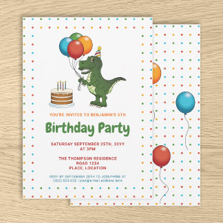 Cute Tyrannosaurus Rex Colorful Birthday Balloons Invitation