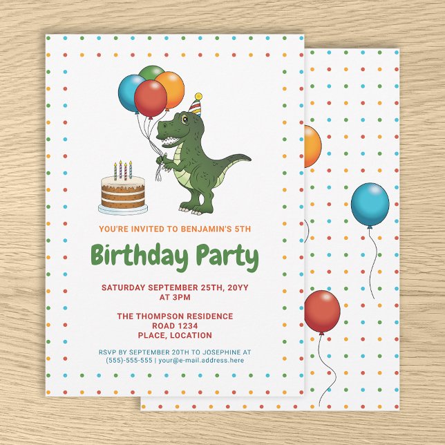 Cute Tyrannosaurus Rex Colorful Birthday Balloons Invitation (Creator Uploaded)