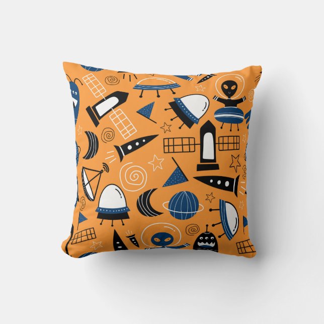 Cute ufo alien spaceships, planets, galaxies seaml throw pillow (Front)