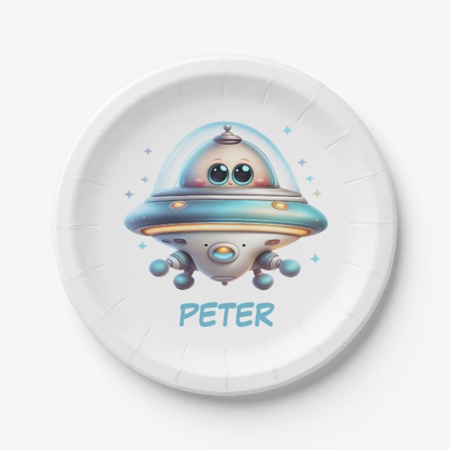 Cute UFO Personalized Paper Plates (Front)