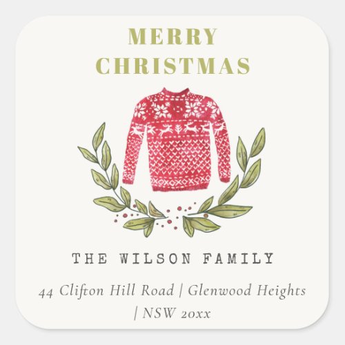 Cute Ugly Sweater Christmas Winter Red Address Square Sticker