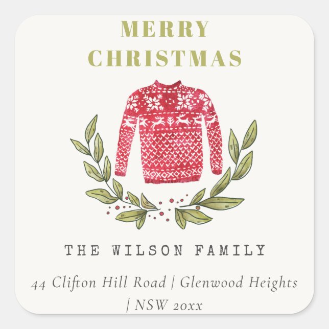 Cute Ugly Sweater Christmas Winter Red Address Square Sticker (Front)