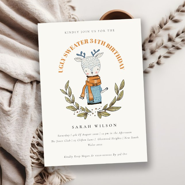 Cute Ugly Sweater Reindeer Any Age Birthday Invite (Creator Uploaded)