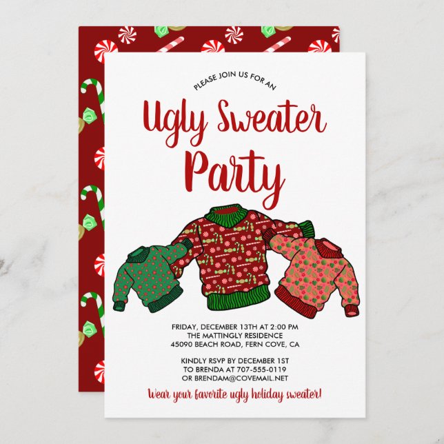 Cute Ugly Sweater Winter Candy Cane Holiday Party Invitation (Front/Back)