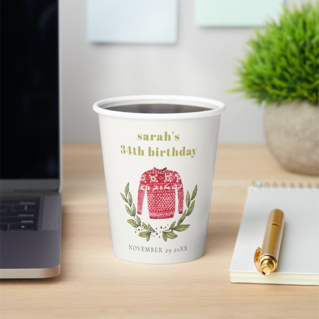 Cute Ugly Sweater Winter Red Any Age Birthday Paper Cups (Insitu)