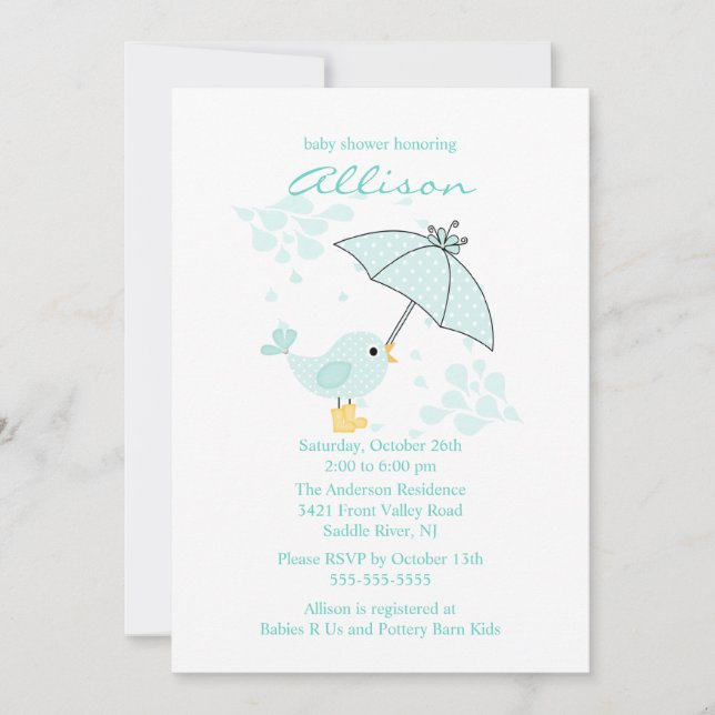 Cute Umbrella & Blue Bird Boy Baby Shower Invitation (Front)