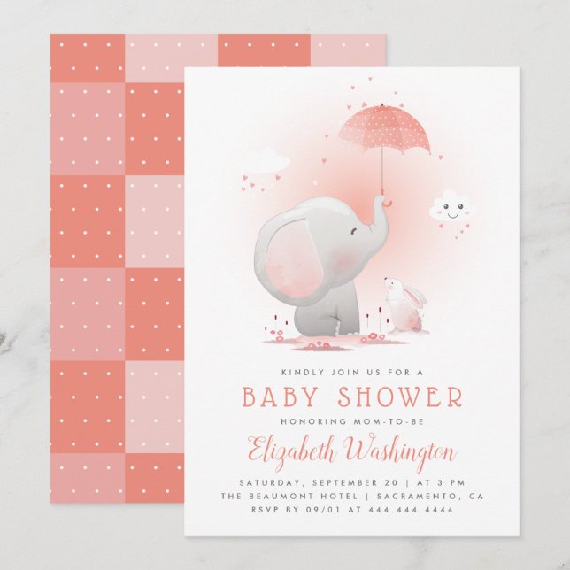 Cute Umbrella Elephant & Bunny Girl Baby Shower Invitation (Front/Back)