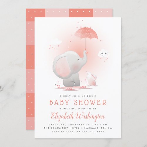 Cute Umbrella Elephant  Bunny Girl Baby Shower Invitation