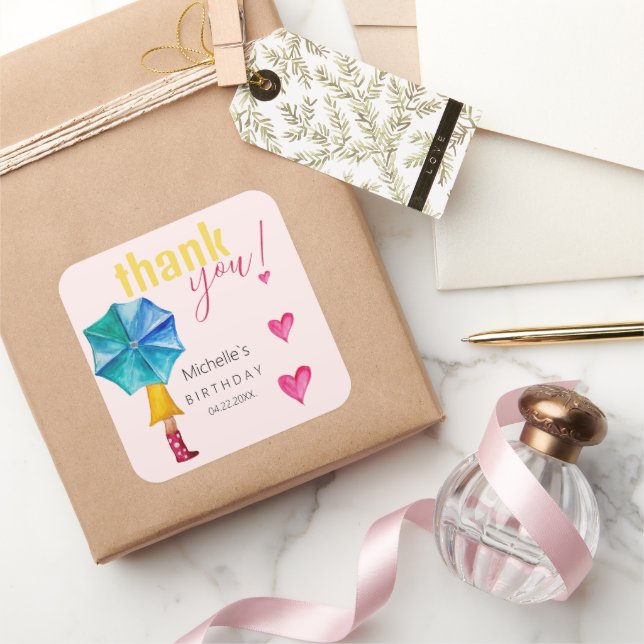 Cute Umbrella Girl Watercolor Illustration Pattern Square Sticker (Gifting)