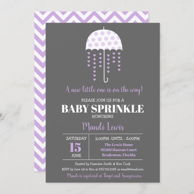 Cute Umbrella Lavender Sprinkle or Baby Shower Invitation (Front/Back)