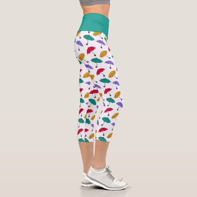 Cute Umbrella Rainy Day Pattern Teal Yoga Exercise Capri Leggings (Right)
