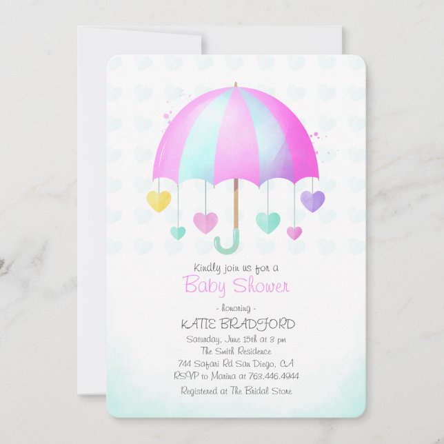 Cute umbrella with colorful hearts baby shower invitation (Front)