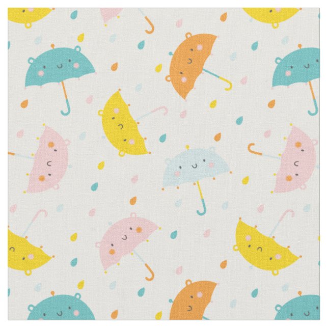 Cute Umbrellas and Raindrops Fabric (Close Up)